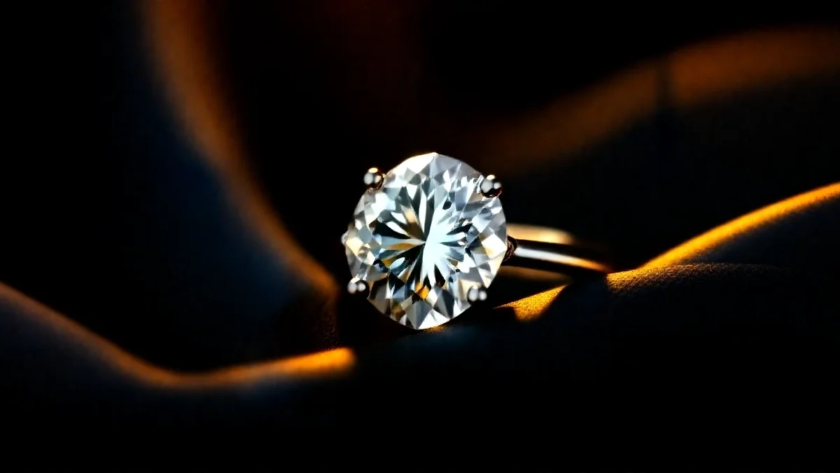 A diamond solitaire ring resting on dark silk